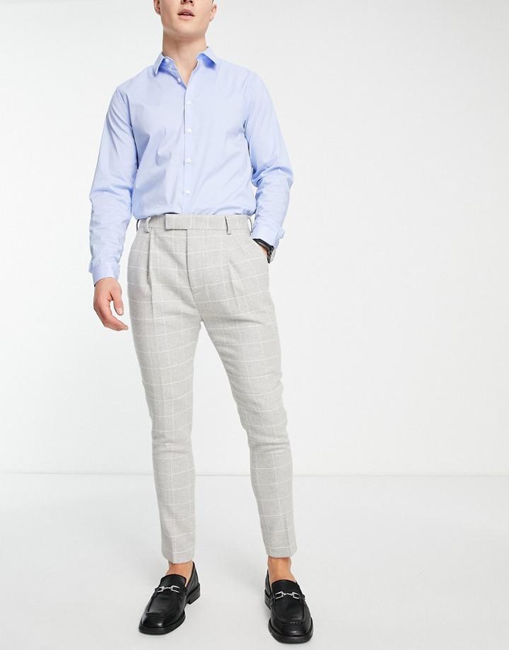 Asos Design Tapered Wool Mix Smart Pants In Gray Windowpane Check