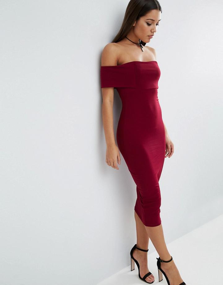 Asos Deep Off The Shoulder Bardot Midi Bodycon Dress - Red