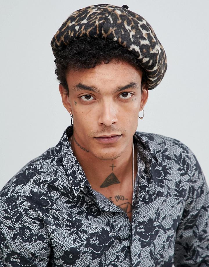 Asos Design Beret In Leopard Print Texture-multi