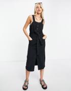 Monki Bibbi Cotton Tie Waist Denim Midi Dress In Black - Black