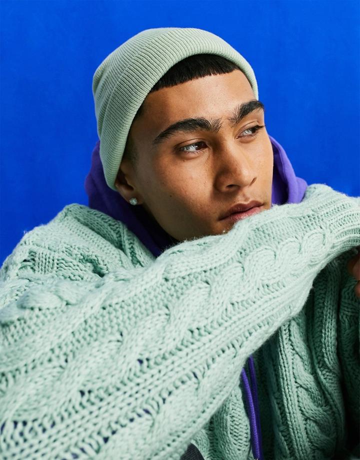 Asos Design Mini Fisherman Beanie In Sea Foam-green