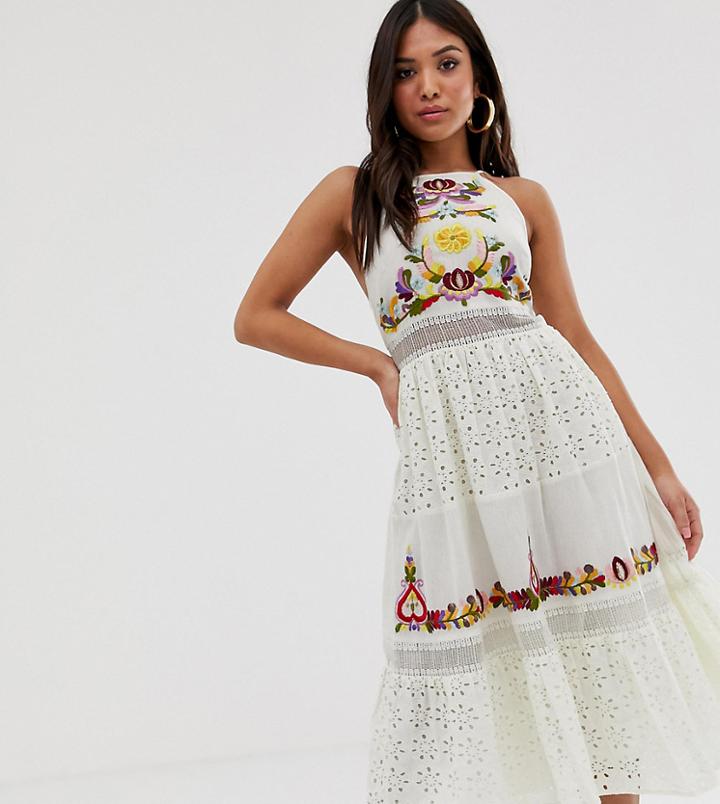Asos Design Petite Square Neck Tiered Midi Dress With Lace And Embroidery - White