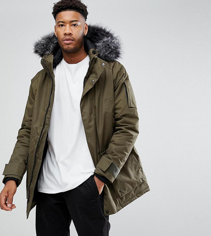 Bellfield Tall Parka With Faux Fur Hood - Green