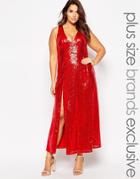 Lovedrobe Sequin Plunge Front Maxi Dress - Red