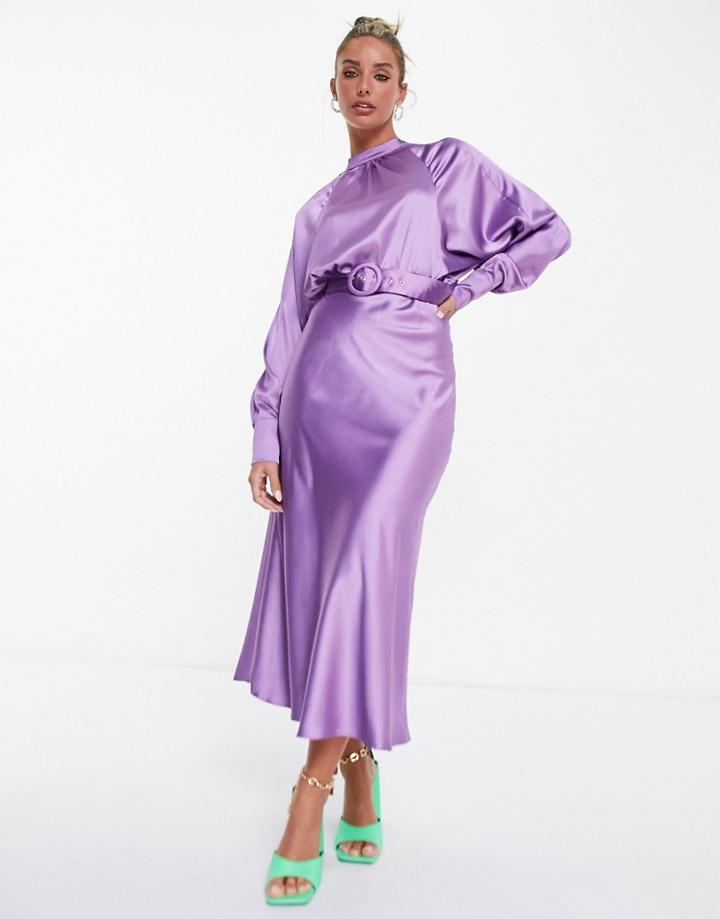 Asos Design Long Sleeve Belted Satin Bias Midi Tea Dress In Lilac-purple