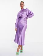 Asos Design Long Sleeve Belted Satin Bias Midi Tea Dress In Lilac-purple