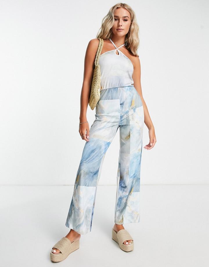 Monki Halterneck Jumpsuit In Blue Tie Dye