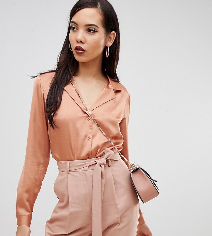 Asos Design Tall Relaxed Satin Long Sleeve Shirt-tan