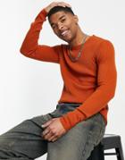 Asos Design Knitted Muscle Fit Rib Crew Neck Sweater In Orange