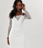 John Zack Tall Square Neck Bodycon Dress With Lace Sleeve In White