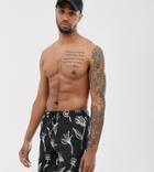 Asos Design Tall Swim Shorts In Black With Hand Drawn Floral Print