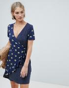 Warehouse Wrap Dress With Ruffle Detail In Mixed Floral And Polka Print - Navy