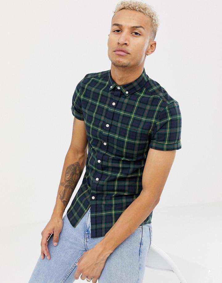 Asos Design Skinny Fit Checky Shirt In Navy - Navy