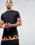 Asos Longline T-shirt With Fire Print Hem Extender - Black