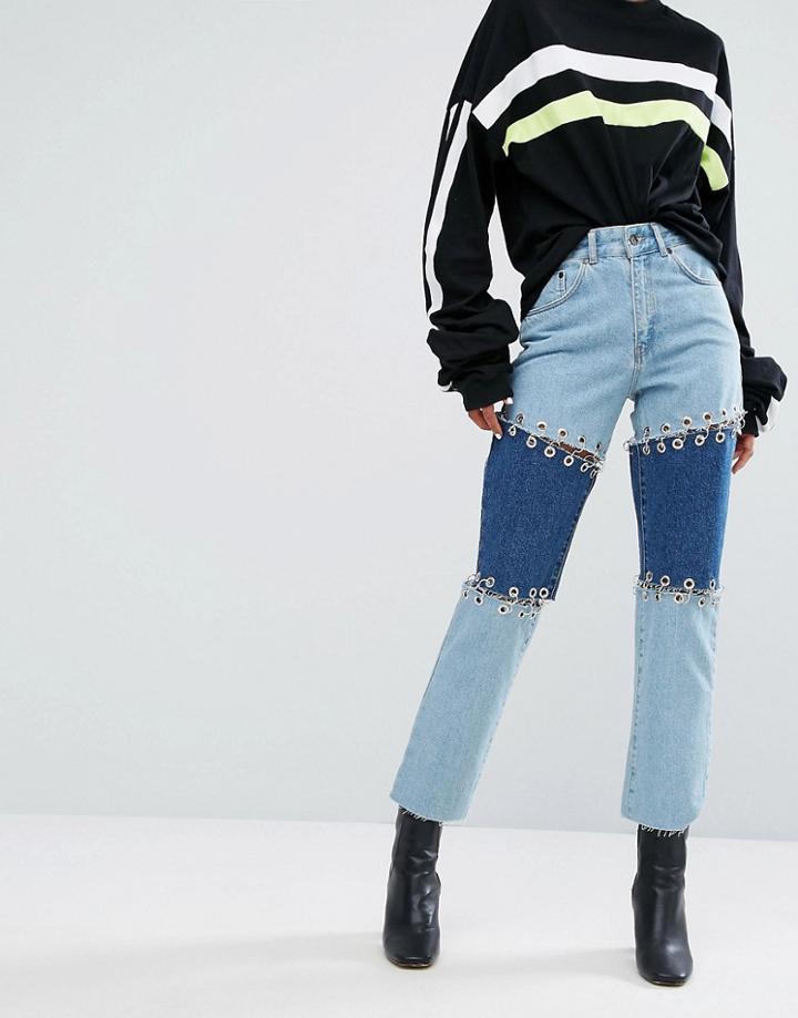 The Ragged Priest Black Label Premium Patchwork Jeans With Piercings - Blue
