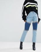 The Ragged Priest Black Label Premium Patchwork Jeans With Piercings - Blue