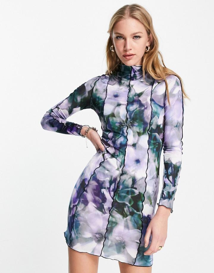 Asos Design Long Sleeve Exposed Seam Mini Dress In Large Floral Print-multi