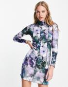 Asos Design Long Sleeve Exposed Seam Mini Dress In Large Floral Print-multi