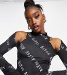 Asyou High Neck Cold Shoulder Top In Logo Print-multi