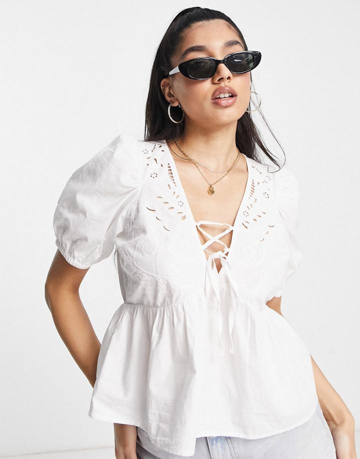 Asos Design Short Sleeve Cotton Top With Butterfly Cutwork In Ivory-white