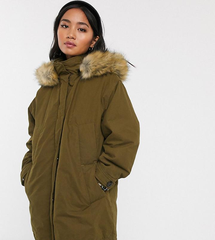Asos Design Petite Ultimate Parka In Khaki-green