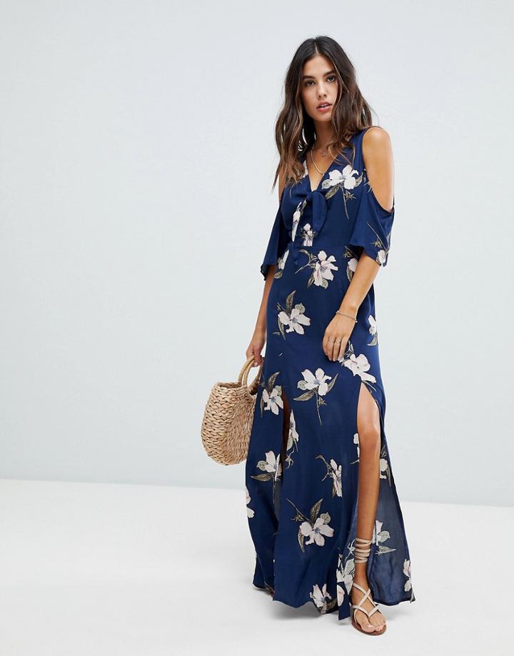 Lunik Cold Shoulder Floral Print Maxi Dress - Navy