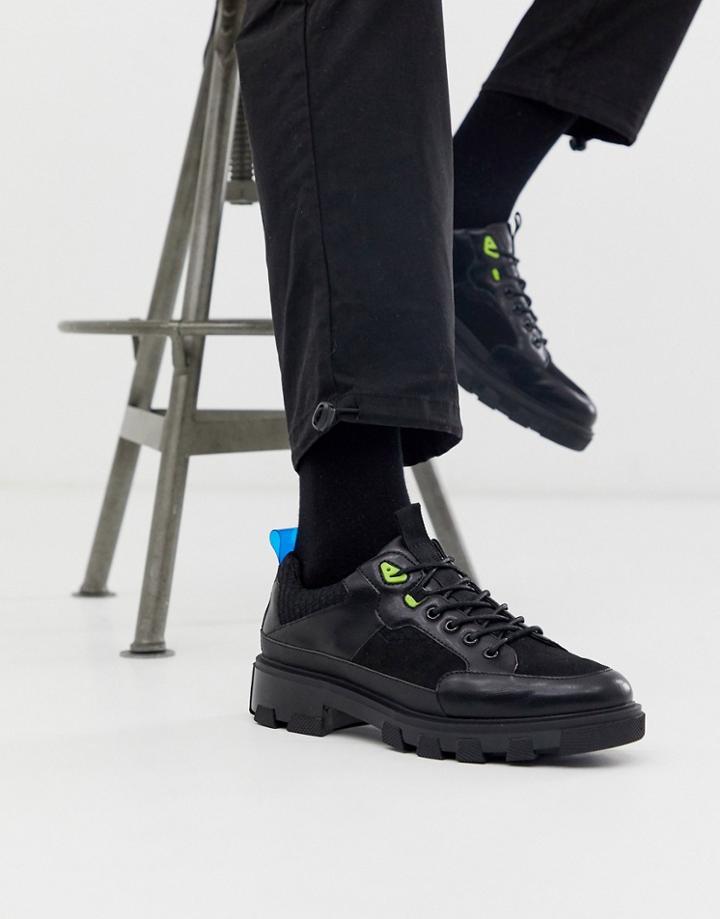 Asos Design Lace Up Shoes In Black With Chunky Sole And Neon Yellow Details