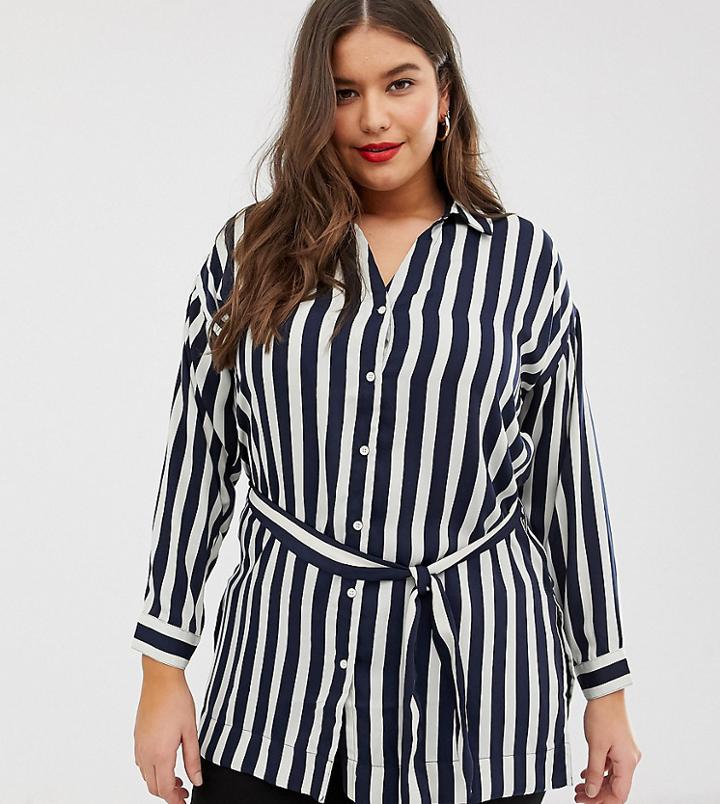 Vero Moda Curve Stripe Longline Belted Shirt-multi