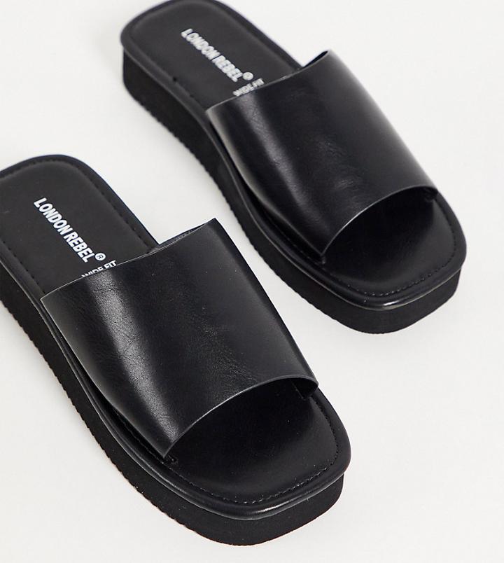 London Rebel Wide Fit Flatform Nineties Sandals With Square Toe In Black