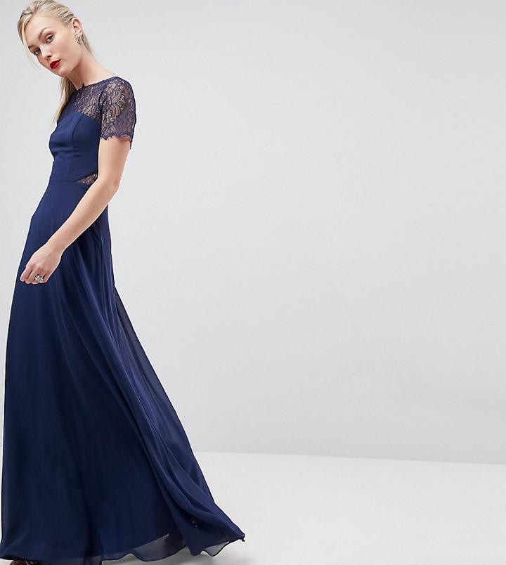 Asos Tall Lace Insert Paneled Maxi Dress-navy