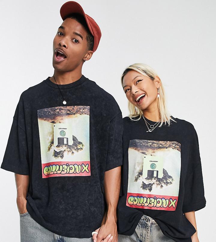 Collusion Unisex Oversized T-shirt With High Shine Print In Pique Acid Wash-black