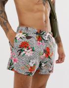 River Island Swim Shorts In Leopard Print With Floral Design-tan