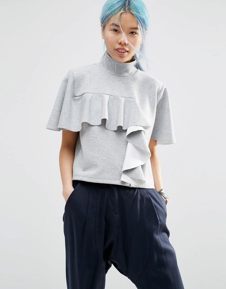 Asos White Funnel Neck Top With Frill Detail - Gray