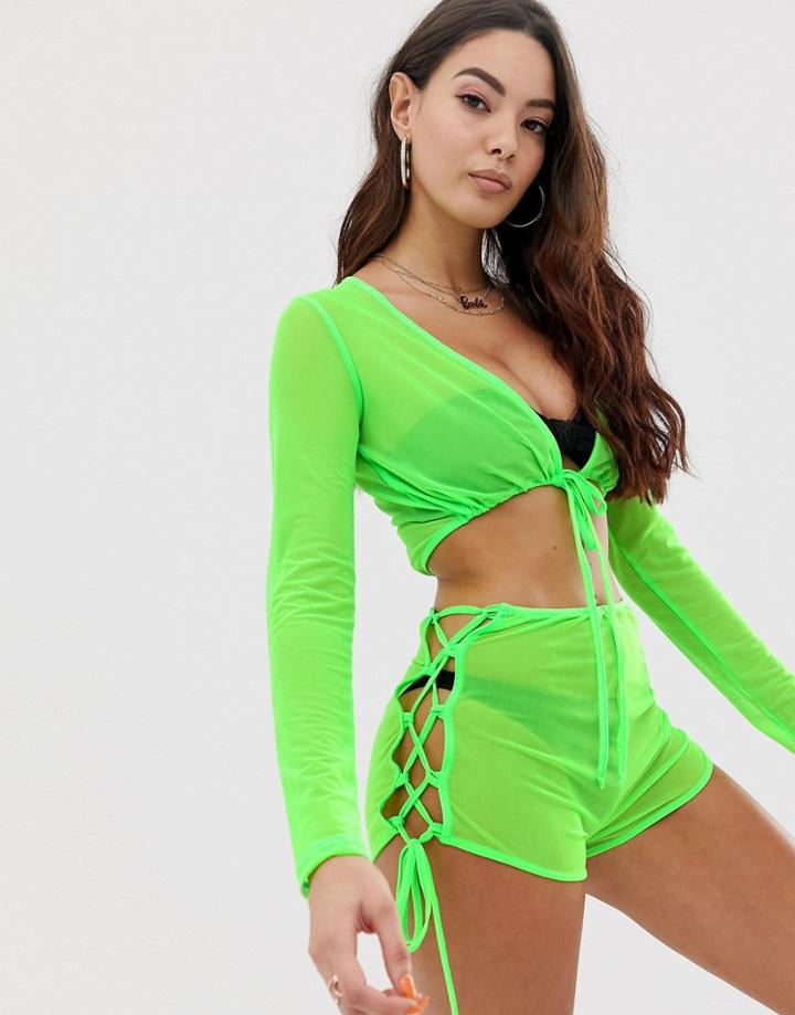Asos Design Neon Green Jersey Mesh Beach Crop Top With Tie Front Two-piece - Green