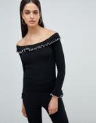 Fashion Union Off Shoulder Sweater With Crinkle Hem - Black