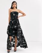 Bariano Organza Pencil Dress With Ruffle Detail And Dip Hem In Black