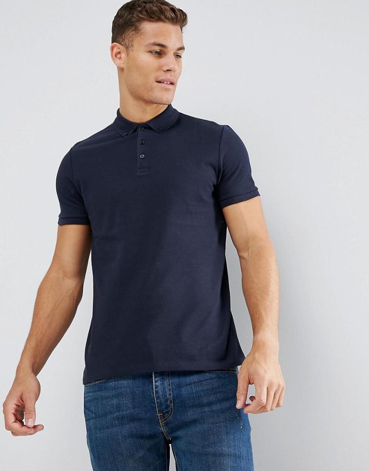 Asos Pique Polo With Button Down Collar In Blue - Navy