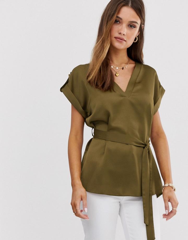 River Island Woven V Neck T-shirt In Khaki