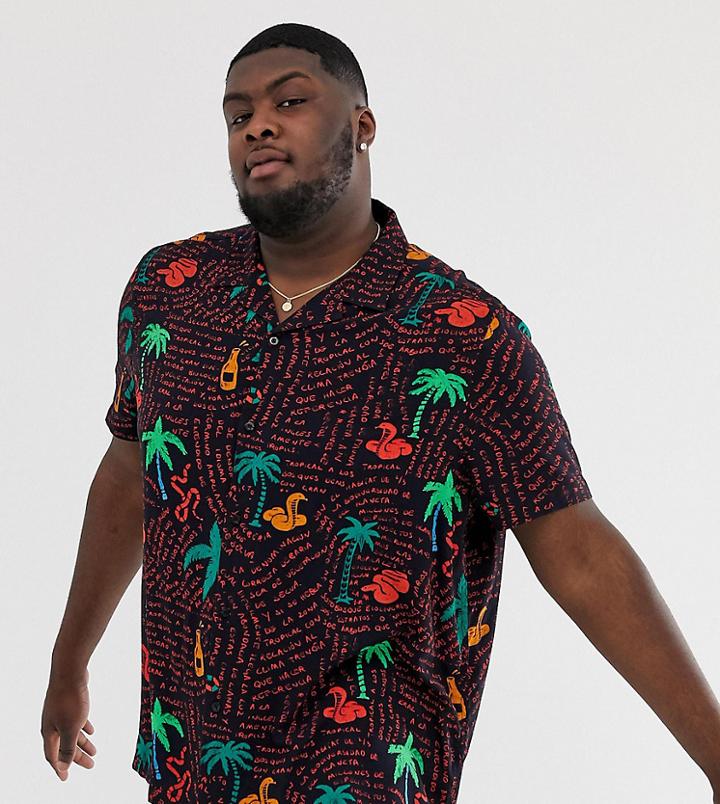 Asos Design Plus Oversized Shirt With Conversational Palm-black