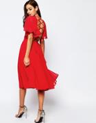Asos Lace Up Back Caftan Sleeve Midi Dress - Bright Red