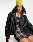 Topshop Faux Leather Oversized Moto Jacket In Black