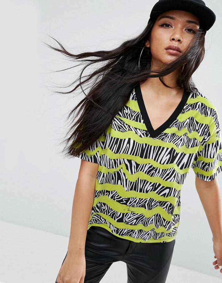Asos T-shirt With V-neck In 80s Scribble Stripe - Multi