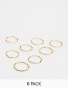 Asos Design Pack Of 8 Rings In Plain And Engraved Wave Design In Gold - Gold