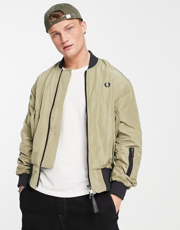 Fred Perry Contrast Rib Bomber Jacket In Sage-green