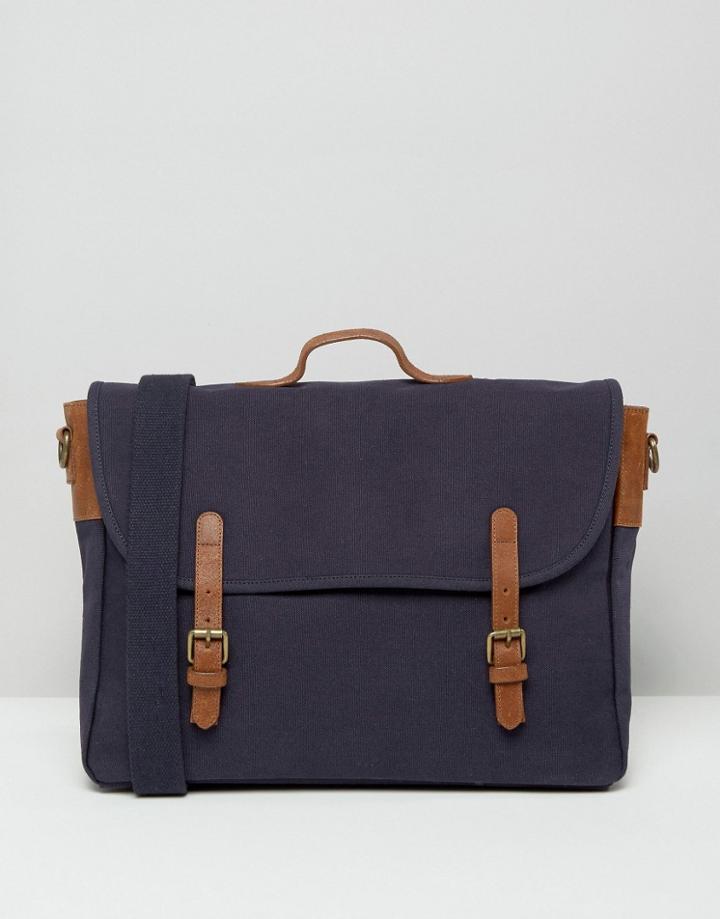 Asos Satchel In Navy Canvas With Brown Leather Straps - Navy