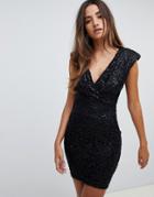 Scarlet Rocks Sequin Mini Wrap Front Dress In Black - Black