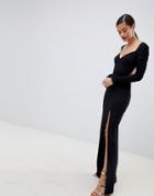 Asos Design Ruched Sleeve Open Back Sweetheart Neck Maxi Dress-black