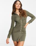 Urban Threads Ruched Jersey Shirt Dress In Olive Green