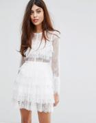 True Decadence Lace Ruffle Dress With Bell Sleeves - White
