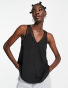 French Connection Crepe Light Lace Trim Tank Top In Black
